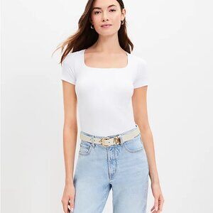 NWOT LOFT White Stretchy Silky Fitted Short Sleeve Square Neck Top